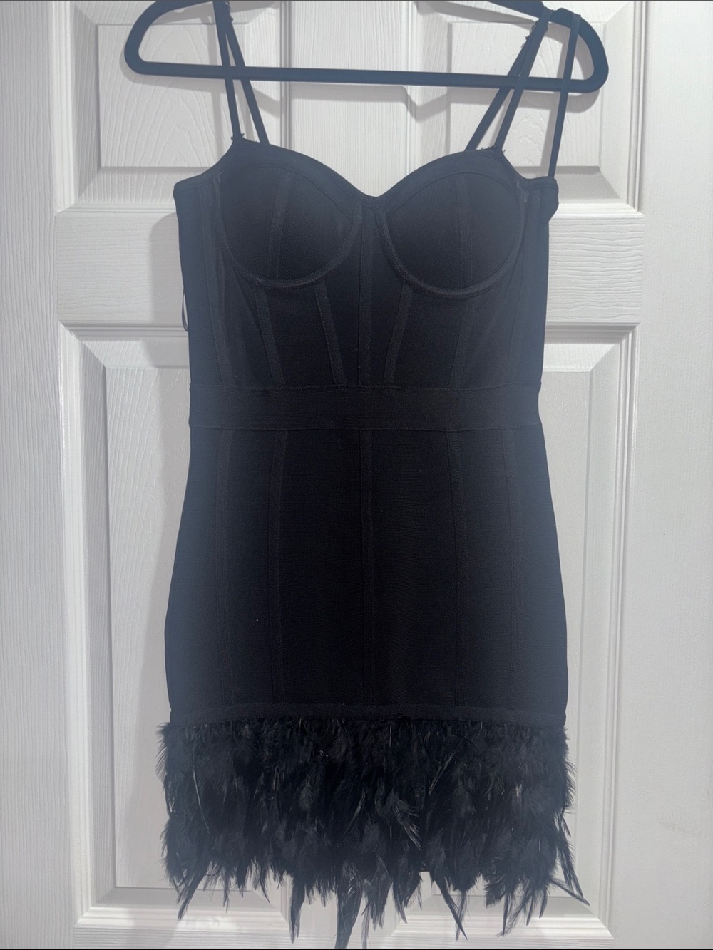 bebe Black Feather-Hem Bustier Slip Dress